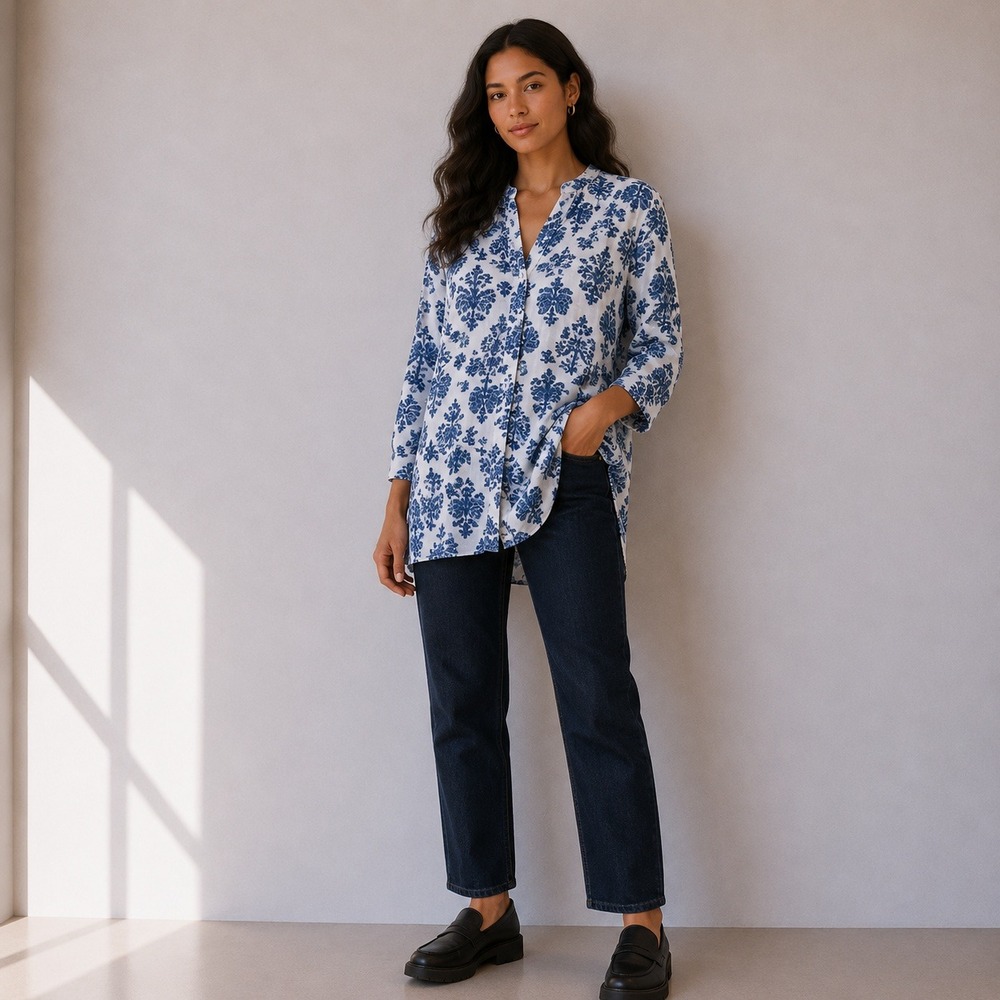 Roller Rabbit Blue Paisley Boho Block Print Cotton Tunic Top | Size S